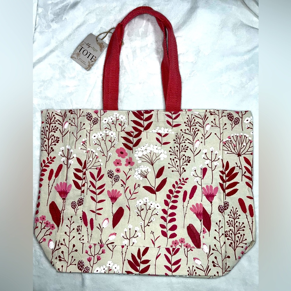 Floral Canvas Tote Bag - Red and Beige - Picture 1 of 1